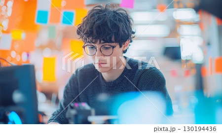 Young man in glasses engaged with computer a modern work environment 130194436