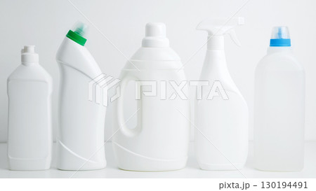Household cleaning and hygiene concept. Various cleaning supplies branding mockup, symbolizing spring cleaning 130194491