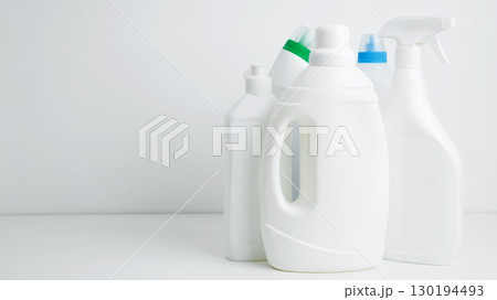 Household cleaning and hygiene concept. Various cleaning supplies branding mockup, symbolizing spring cleaning 130194493