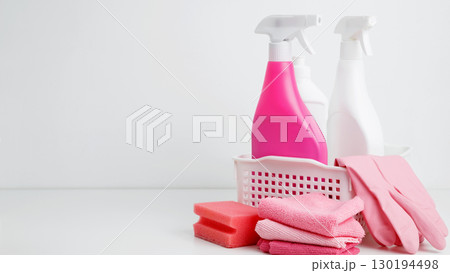 Household cleaning and hygiene concept. Cleaning supplies in a container, ready for a productive and satisfying spring refresh 130194498