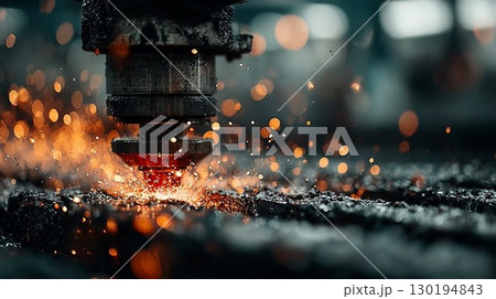 Industrial laser cutting metal with intense sparks 130194843