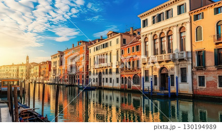 Colorful Buildings Along a Venice Canal at Sunset - Generative Ai 130194989