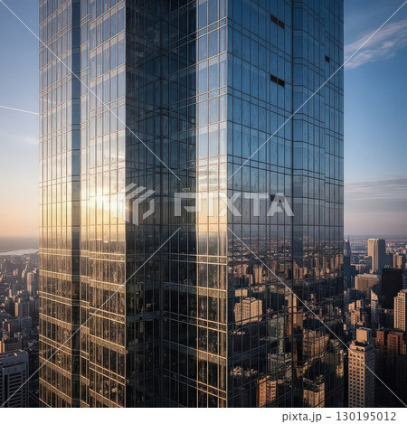 Modern Skyscraper Reflecting City Skyline at Sunset - Generative Ai 130195012
