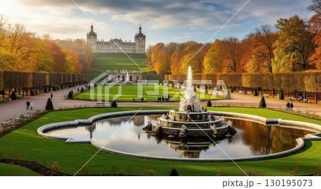 Autumn Landscape With Fountain and Palace - Generative Ai 130195073