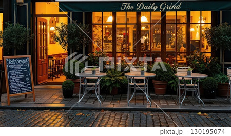 Cozy Cafe Exterior With Outdoor Seating - Generative Ai 130195074