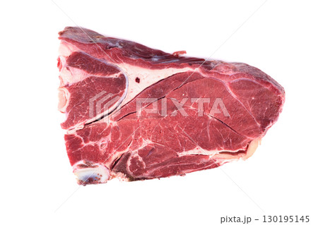 Top view of raw beef on the bone isolated on white background. 130195145