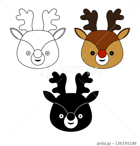 Set of Cute Reindeer Face Vector Illustration. A reindeer face in three styles outline, colored and solid silhouette. Perfect for Christmas decorations, holiday greeting cards. Set of Cute Reindeer Face Vector Illustration. A reindeer face in three styles outline, colored and solid silhouette. Perfect for Christmas decorations, holiday greeting cards. 130195198