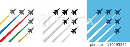 飛行機雲と戦闘機のシルエット,航空祭や大きなイベントでアクロバット飛行（フライオーバー）を披露する 130195252