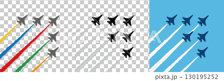 飛行機雲と戦闘機のシルエット,航空祭や大きなイベントでアクロバット飛行（フライオーバー）を披露する 130195252