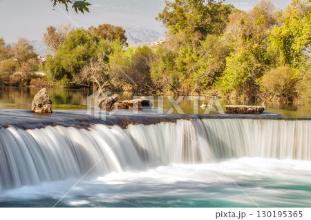wide waterfall on river with rapid current wide waterfall on river with rapid current 130195365