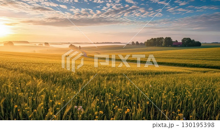 Golden Fields at Sunrise With Winding Road - Ai Generated 130195398
