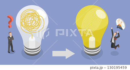 3D Isometric Flat Vector Illustration of Disorganized To Organized, Comparison Between Functioning And Non-Functioning Light Bulbs. 3D Isometric Flat Vector Illustration of Disorganized To Organized, Comparison Between Functioning And Non-Functioning Light Bulbs. 130195459