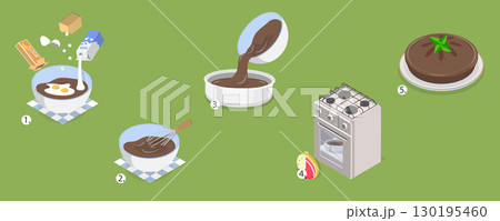 3D Isometric Flat Vector Illustration of Baking Recipe, Homemade Chocolate Cake to Bake At Home 130195460
