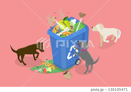 3D Isometric Flat Vector Illustration of Hungry Homeless Animals, Stray Dogs Digging In Trash 130195471