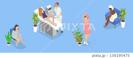 3D Isometric Flat Vector Illustration of Hair Removal, Young Women Performing Beauty Procedures 3D Isometric Flat Vector Illustration of Hair Removal, Young Women Performing Beauty Procedures 130195475