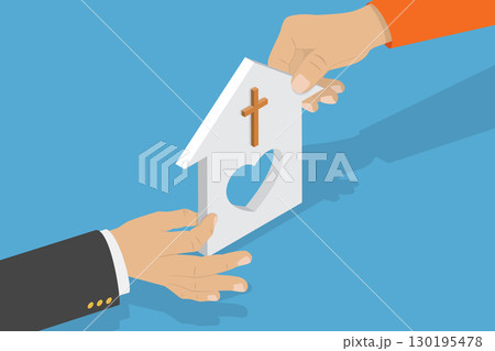 3D Isometric Flat Vector Illustration of Christianity, Christian Church Model Promotes Catholic Charitable Foundation Helping People In Need 130195478