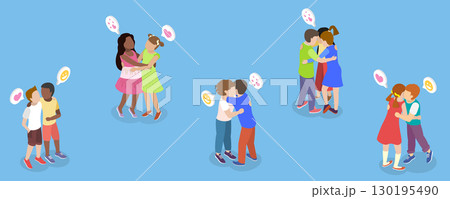 3D Isometric Flat Vector Illustration of Hugging Kids, Kids Friends Embracing In Warm Hug With Innocent Giggles And Genuine Smiles 130195490