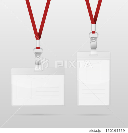 Vector Realistic Blank ID Badge Mockup with Red Lanyard. Horizontal and Vertical Employee Passes. Corporate Name Tag Template. Staff Identity Card. Office Access Pass Illustration for Business Events 130195539