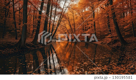 Autumn River Landscape With Vibrant Foliage - Generative Ai 130195581