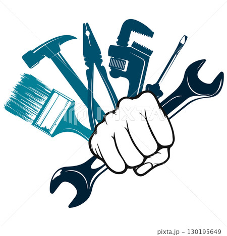 Wrench in hand and other repair tools. Jack of all trades symbol 130195649