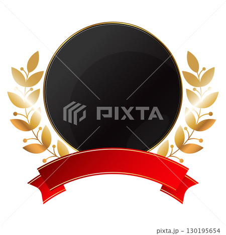 Coat of arms with a black circle, golden laurel branches and a red ribbon Coat of arms with a black circle, golden laurel branches and a red ribbon 130195654