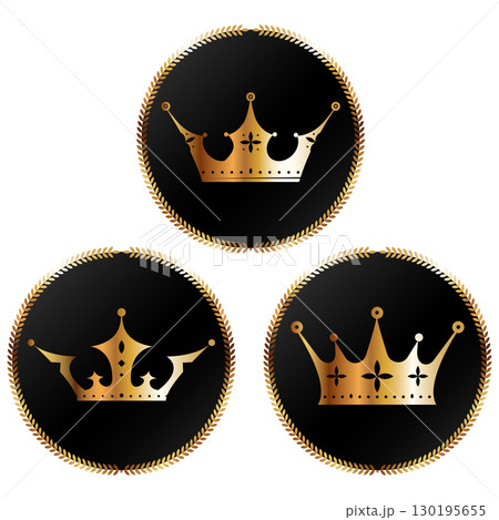 Golden crown in the center of a black banner with a golden frame 130195655