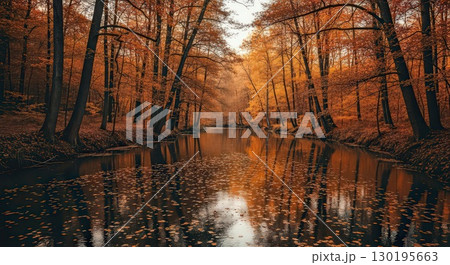 Autumn River Landscape With Colorful Foliage - Ai Generated 130195663