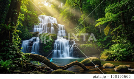 Serene Waterfall in a Lush Green Forest - Ai Generated 130195666
