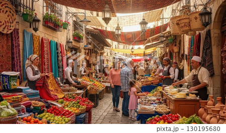 Vibrant Market Scene With Colorful Stalls and Shoppers - Generative Ai 130195680