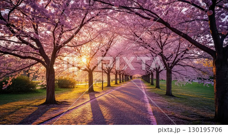 Cherry Blossom Pathway at Sunset - Ai Generated Cherry Blossom Pathway at Sunset - Ai Generated 130195706