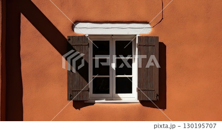 White Window With Wooden Shutters on Orange Wall - Ai Generated White Window With Wooden Shutters on Orange Wall - Ai Generated 130195707