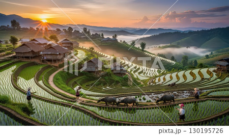 Sunrise Over Terraced Rice Fields With Farmers and Water Buffalo - Ai Generated 130195726