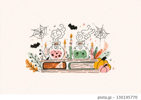 Two whimsical potion bottles filled with colorful liquids sit on a wooden surface, accompanied by candles, autumn leaves, and playful Halloween decorations 130195770