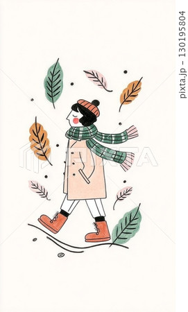 A person dressed warmly in a coat, scarf, and boots walks happily along a path, enjoying the beauty of autumn with fallen leaves scattered around and a cheerful atmosphere 130195804