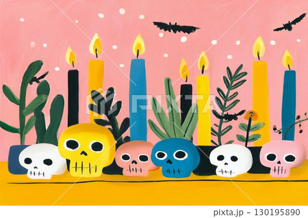 Vibrant autumn decorations showcase a collection of skulls and lit candles set against a pink backdrop, perfect for Halloween festivities. Plants add a lively touch to the display 130195890