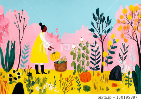 A woman in a yellow dress kneels in a pumpkin patch, carefully lifting a small orange pumpkin into a woven basket surrounded by colorful foliage 130195897