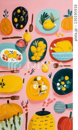 Colorful plates filled with seasonal fruits, vegetables, and prepared dishes create a festive atmosphere for Thanksgiving, all set against a lively pink background 130195916