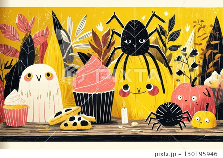 Colorful autumn treats showcase cupcakes adorned with black spide decorations alongside playful pumpkin-shaped cookies, perfect for a Halloween celebration in a vibrant fall setting Colorful autumn treats showcase cupcakes adorned with black spide decorations alongside playful pumpkin-shaped cookies, perfect for a Halloween celebration in a vibrant fall setting 130195946