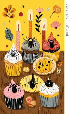 Colorful cupcakes adorned with black spider decorations sit alongside pumpkin-shaped cookies on a wooden table, surrounded by festive autumn motifs. Perfect for Halloween parties Colorful cupcakes adorned with black spider decorations sit alongside pumpkin-shaped cookies on a wooden table, surrounded by festive autumn motifs. Perfect for Halloween parties 130195967