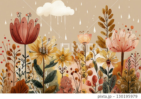 Brightly colored autumn flowers stand tall, adorned with glistening rain droplets. A soft cloud hovers above, contributing to the peaceful ambiance of a fall day 130195979