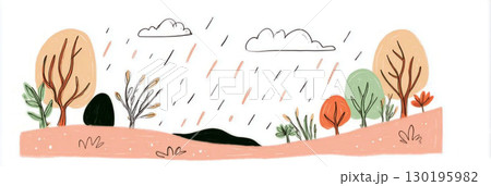 Vibrant autumn foliage showcases hues of orange and green, as rain droplets gracefully fall, creating a tranquil atmosphere in a quiet outdoor setting during the fall season, banner Vibrant autumn foliage showcases hues of orange and green, as rain droplets gracefully fall, creating a tranquil atmosphere in a quiet outdoor setting during the fall season, banner 130195982