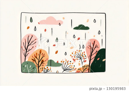 Colorful autumn leaves and delicate branches are accentuated by falling rain droplets, creating a mood of freshness and tranquility during a fall shower 130195983