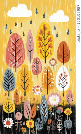 Brightly colored trees in shades of red, orange, yellow, and pink stand under a light rainfall, surrounded by cheerful flowers in an engaging autumn landscape 130195987