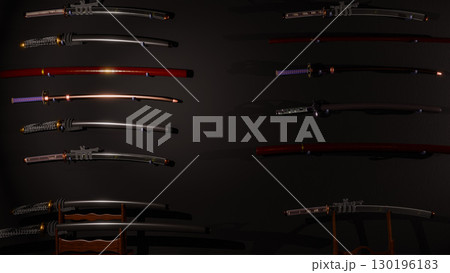 大量の日本刀コレクションが壁に掛けて並べてある武器庫 130196183