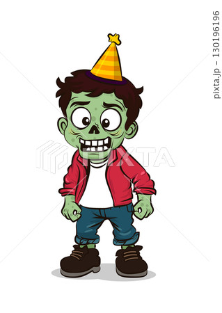 Creepy zombie kid in a birthday hat Halloween design fun cartoon illustrations 130196196