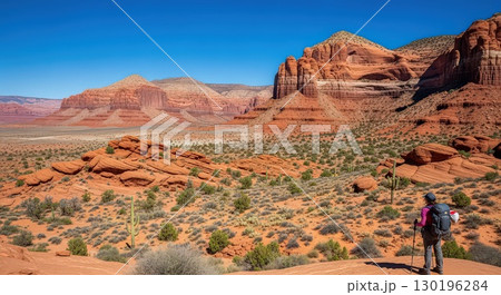 Hiker Exploring a Stunning Desert Landscape- Generative Ai Hiker Exploring a Stunning Desert Landscape- Generative Ai 130196284