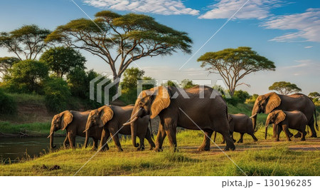 Herd of Elephants by the Riverbank - Ai Generated Herd of Elephants by the Riverbank - Ai Generated 130196285