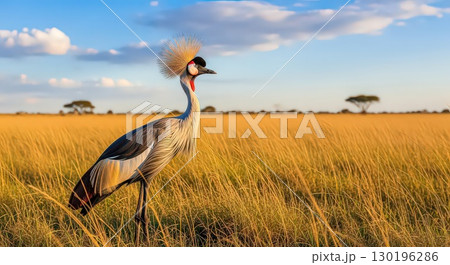 Grey Crowned Crane in Golden Savanna - Ai Generated 130196286