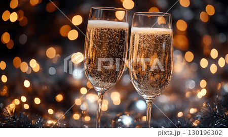 Elegant Champagne Glasses with Golden Bokeh for Luxury Celebration Events Elegant Champagne Glasses with Golden Bokeh for Luxury Celebration Events 130196302