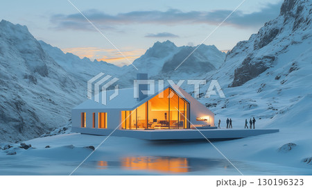 Modern winter retreat illuminated at dusk in snowy mountain landscape 130196323